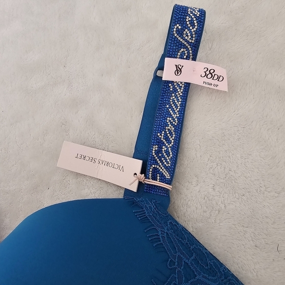 Victoria Secret Teal Lace Corset Bustier Push-Up Bra 38DD Very Sexy Shine Strap - Picture 4 of 14